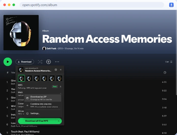 A Spotify album page with the Download button next to Play. The menu shows the album’s songs as MP3 with tags and cover, and the Download all options: Download as ZIP, 13 songs as MP3 in one file, and Combine into one mix, MP3 with a 6 second crossfade and even volume.