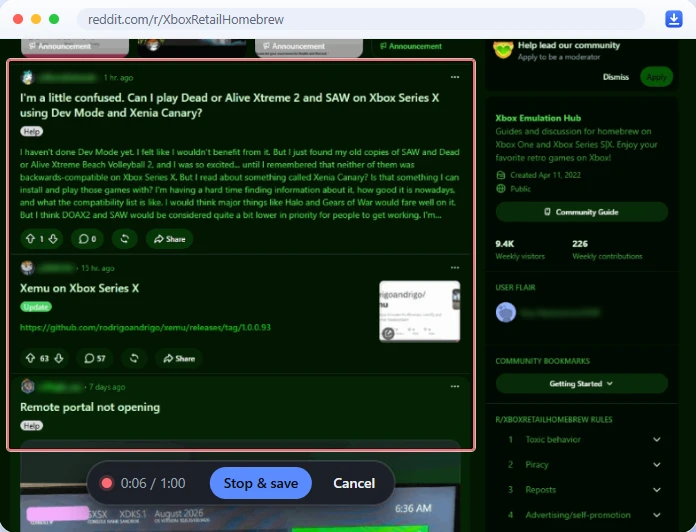 A Reddit feed with the recorded area outlined in red, and a recording bar under it showing 0:06 of 1:00, Stop and save, and Cancel.