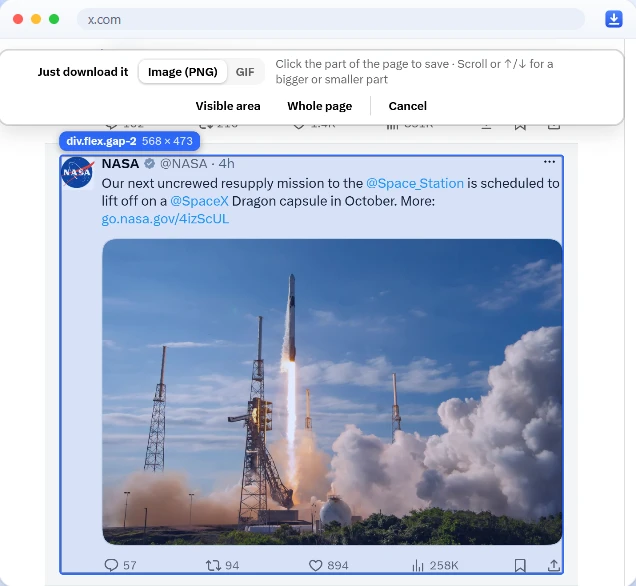 A post on X outlined in blue by the element picker, with its size shown as 568 by 473. A bar at the top offers Image (PNG) or GIF, Visible area, Whole page and Cancel.