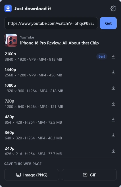 The Just download it toolbar popup with a YouTube link pasted. It shows the video’s title and qualities from 2160p, marked Best, down to 240p, with buttons to save the web page as an Image (PNG) or a GIF.